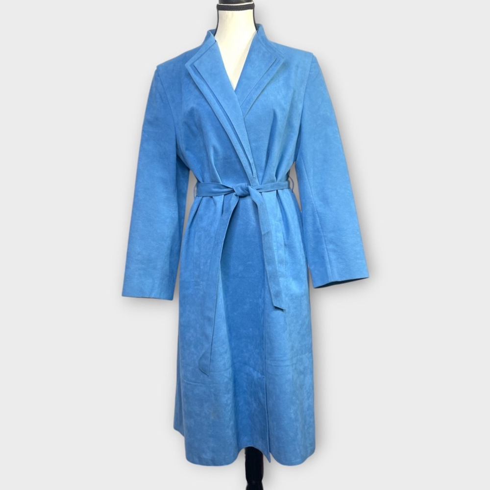 Vintage Trench Coat 12 Peacock Blue Faux Suede Tie Waist Made in Canada 70's